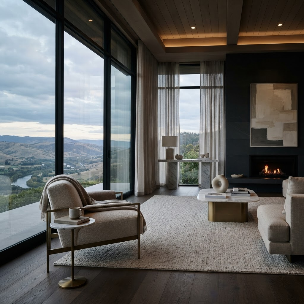 A serene luxury living room with hillside views and warm natural light