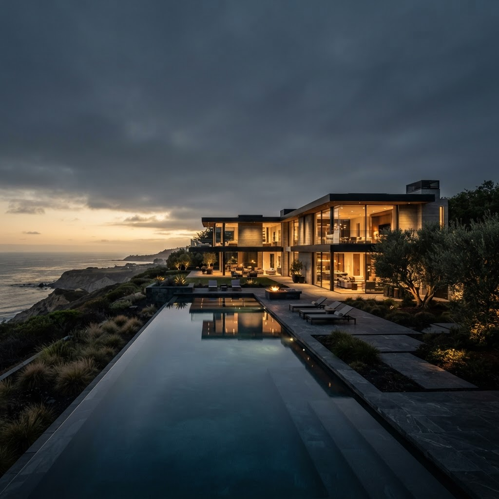 A modern luxury residence at dusk with glass walls and an infinity pool